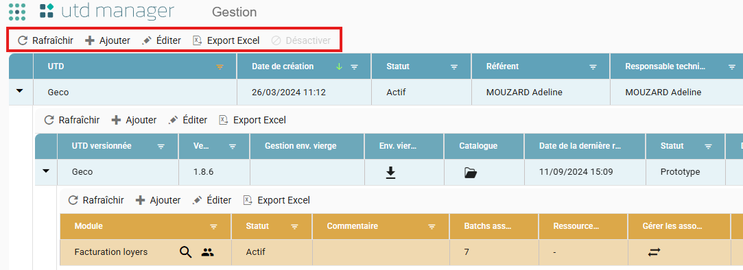 Écran de gestion d'une UTD, avec le tableau des UTD et sa barre d'actions (Rafraîchir, Ajouter, Éditer, Export Excel, Désactiver)