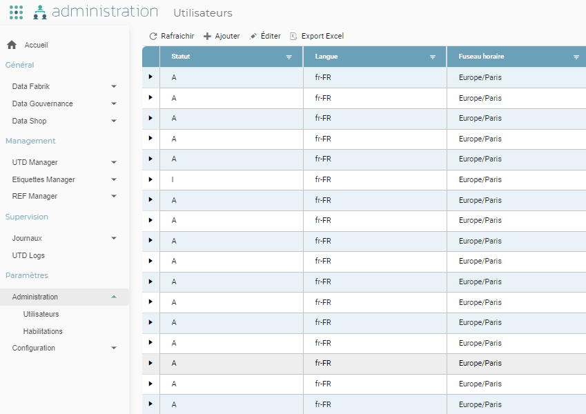 Écran Administration / Utilisateurs listant les comptes utilisateurs de la plateforme