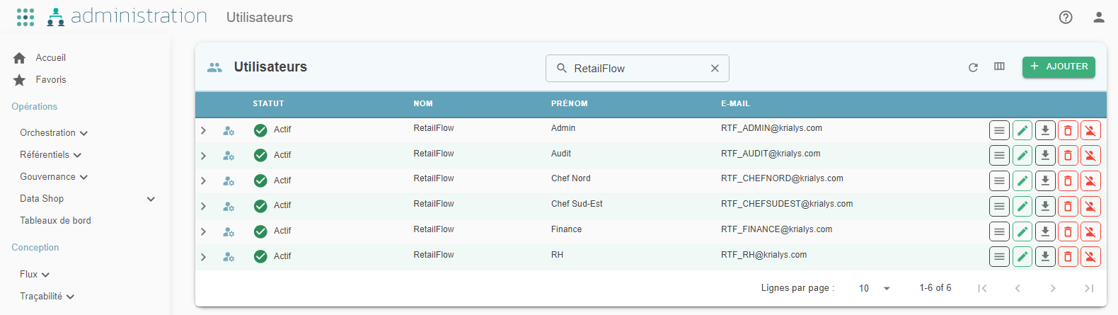 Écran Paramètres > Accès &amp; habilitations > Utilisateurs listant les comptes utilisateurs de la plateforme