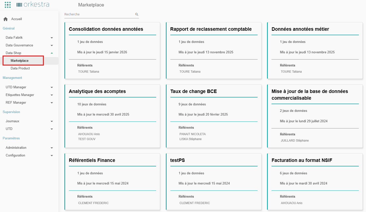 Écran Marketplace du Data Shop présentant les Data Products sous forme de cartes