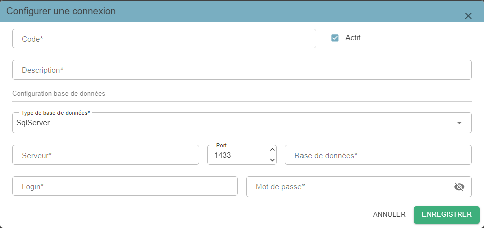 Fenêtre « Configurer une connexion » avec les champs Code, Description, Actif, Type de base de données, Serveur, Port, Base de données, Login et Mot de passe