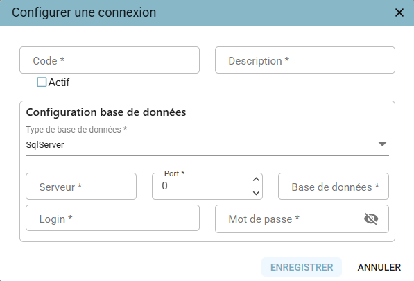 Fenêtre « Configurer une connexion » avec les champs Code, Description, Actif, Type de base de données, Serveur, Port, Base de données, Login et Mot de passe