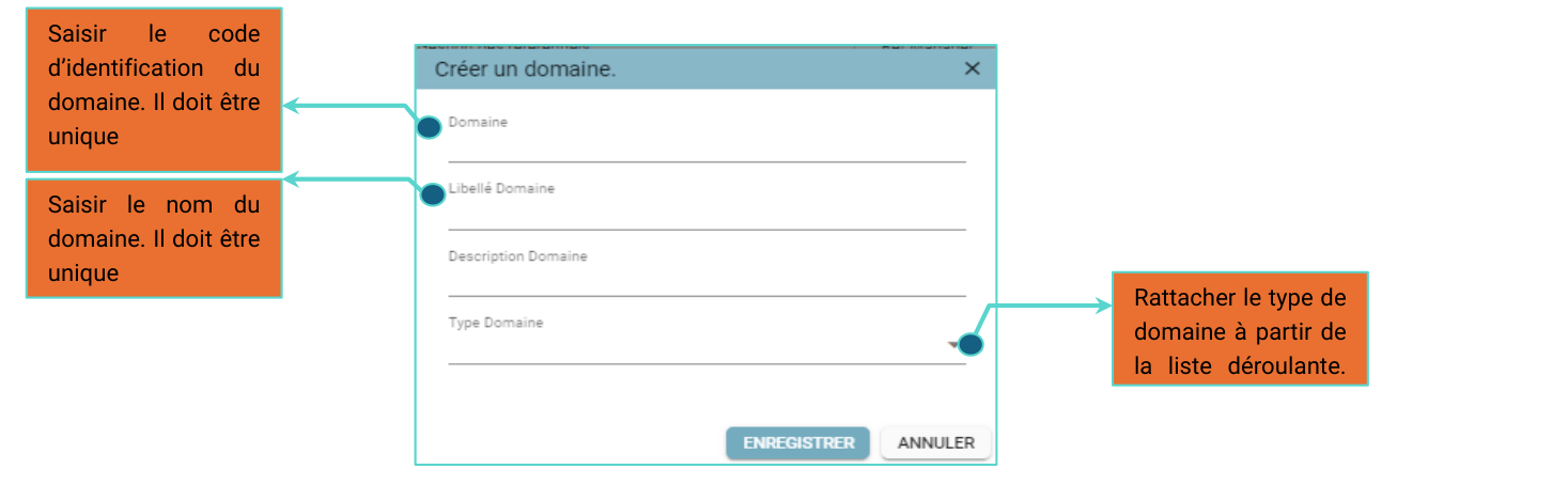 Fenêtre « Créer un domaine » avec les champs Domaine (code d'identification unique), Libellé Domaine (nom unique), Description Domaine et Type Domaine (liste déroulante)