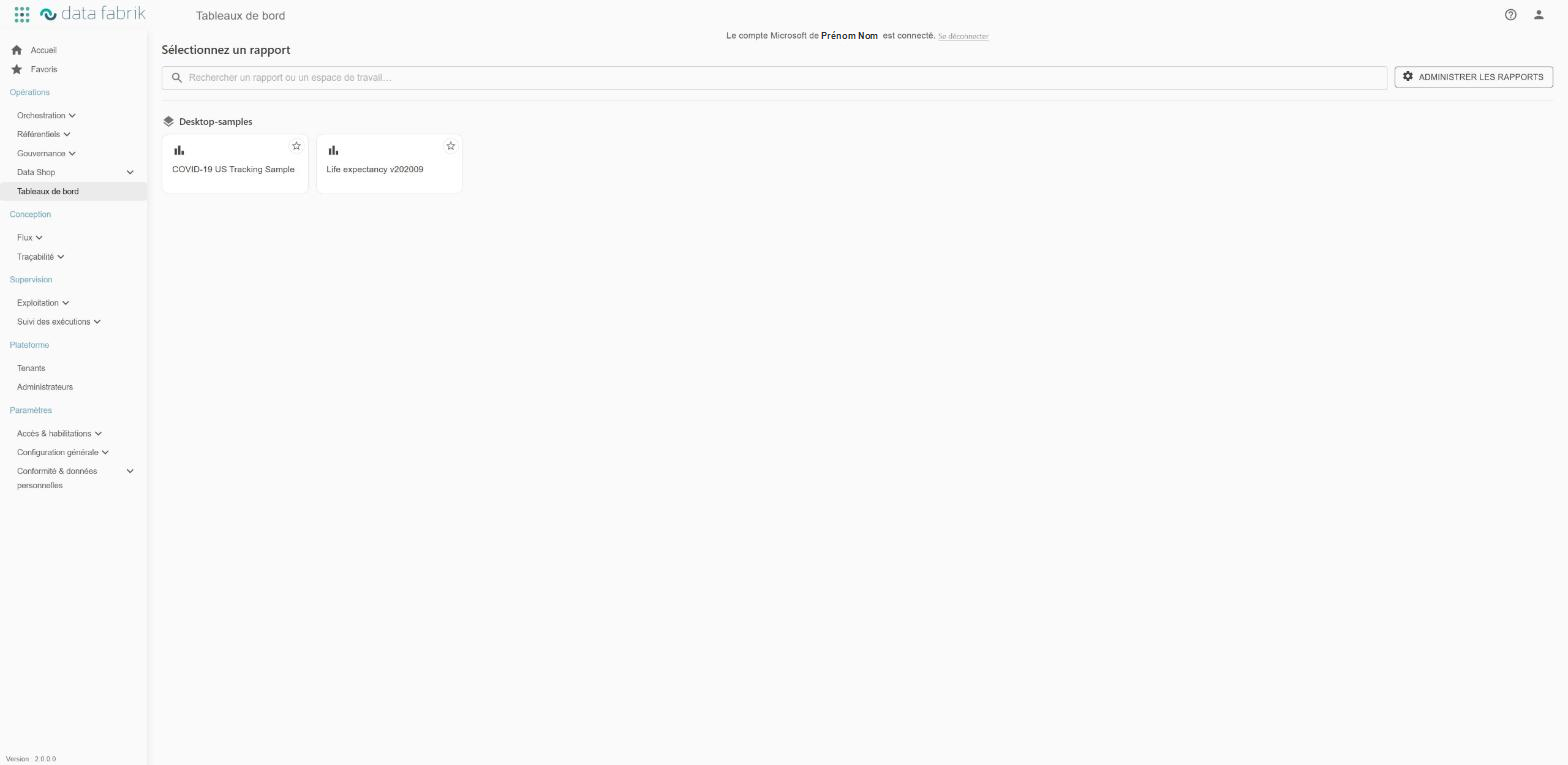 Page de sélection d'un rapport : barre de recherche, espace de travail Desktop-samples, deux rapports sous forme de cartes et bouton Administrer les rapports