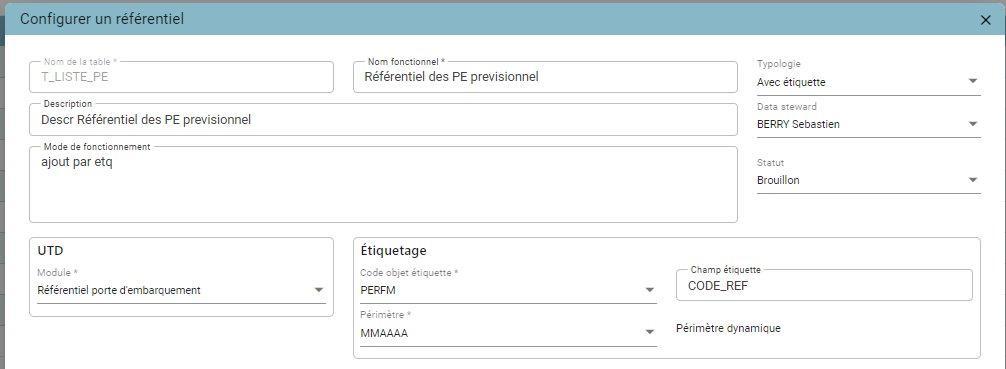 Fenêtre « Configurer un référentiel » avec la section Étiquetage : Code objet étiquette, Champ étiquette et sélection du Périmètre