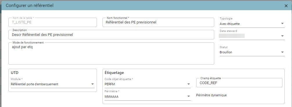 Fenêtre « Configurer un référentiel » avec la section Étiquetage : Code objet étiquette, Champ étiquette et sélection du Périmètre