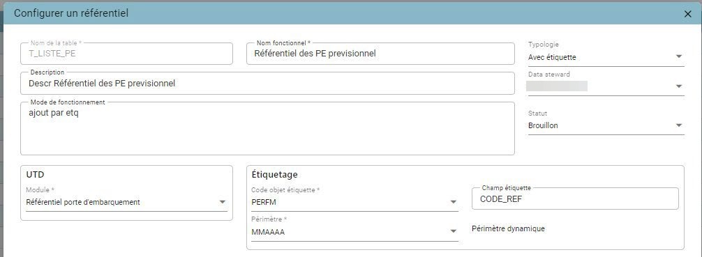 Fenêtre « Configurer un référentiel » avec la section Étiquetage : Code objet étiquette, Champ étiquette et sélection du Périmètre