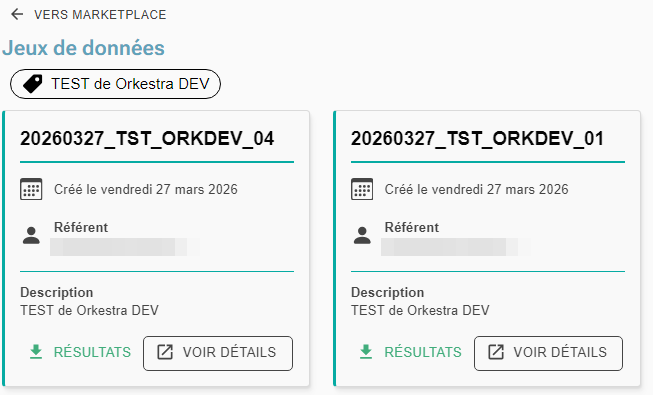Liste des jeux de données associés à un Data Product, avec boutons Résultats et Voir détails