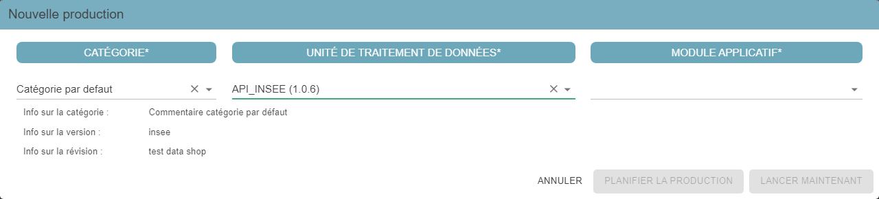 Fenêtre Nouvelle production avec les champs Catégorie, Unité de traitement de données et Module applicatif, et les informations sur la catégorie, la version et la révision