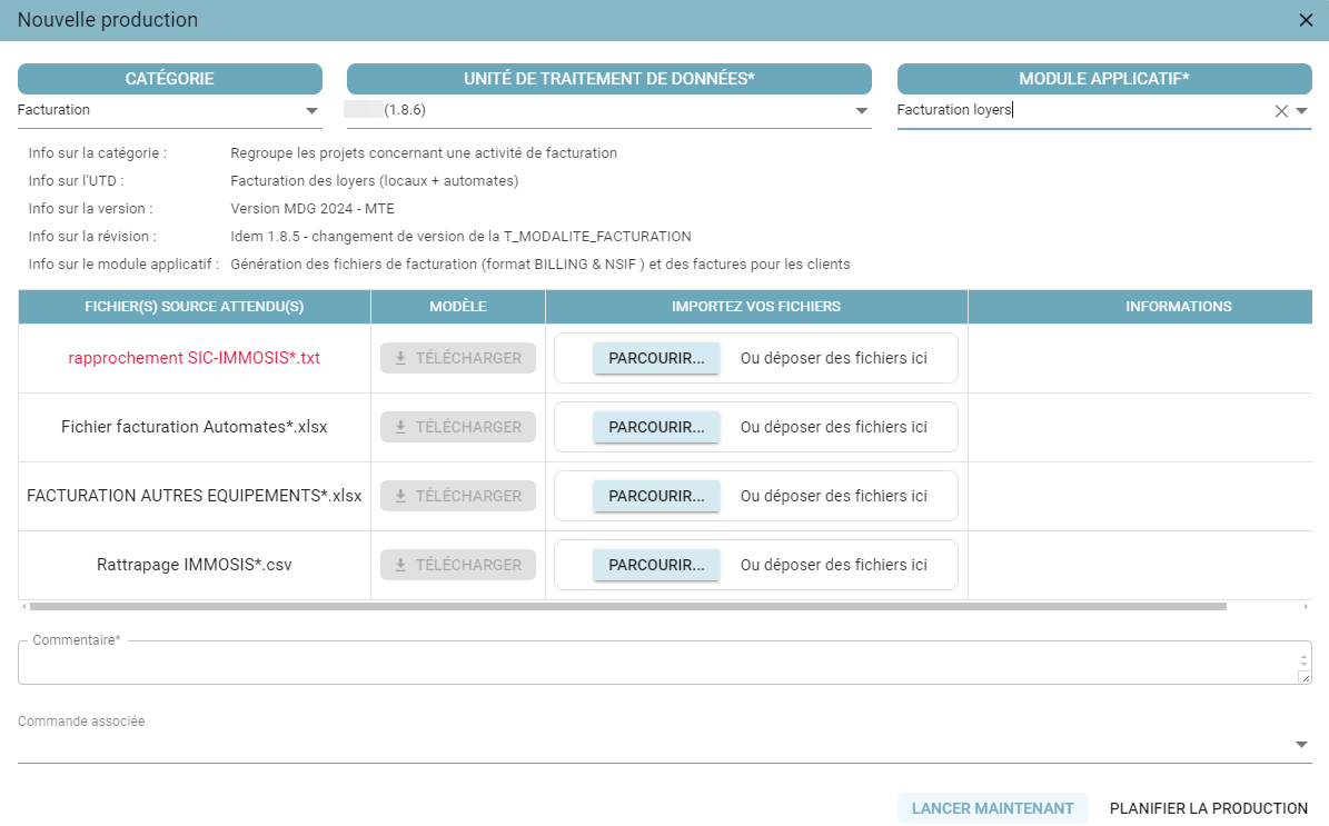 Popup de création d'une nouvelle production avec les champs Catégorie, Unité de traitement de données, Module applicatif et la zone d'import des fichiers source
