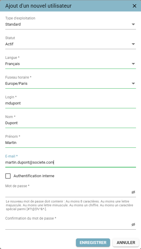 Pop-up de création d'un utilisateur avec les champs renseignés, la case Authentification interne non cochée (cas LDAP/SSO)