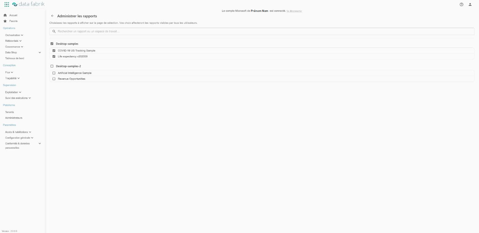 Page Administrer les rapports : liste des espaces de travail et de leurs rapports avec des cases à cocher
