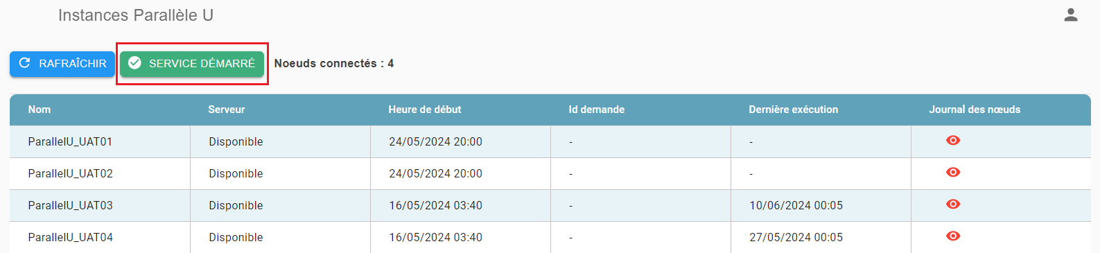 Bouton Service Démarré mis en évidence dans l'écran Instances Parallèle U