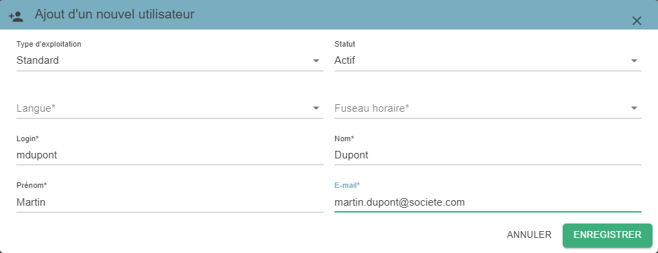 Pop-up Ajout d'un nouvel utilisateur avec les champs Login, Nom, Prénom et E-mail renseignés (cas LDAP/SSO, sans mot de passe)