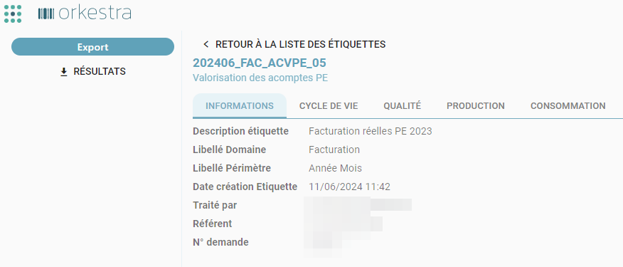 Onglet Informations d'une étiquette avec sa description, son domaine, son périmètre et son référent