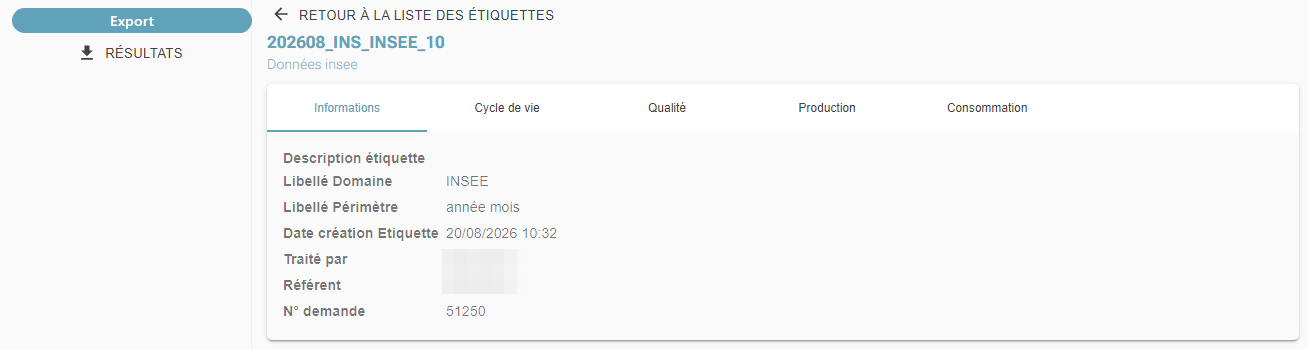 Onglet Informations d'une étiquette avec sa description, son domaine, son périmètre et son référent