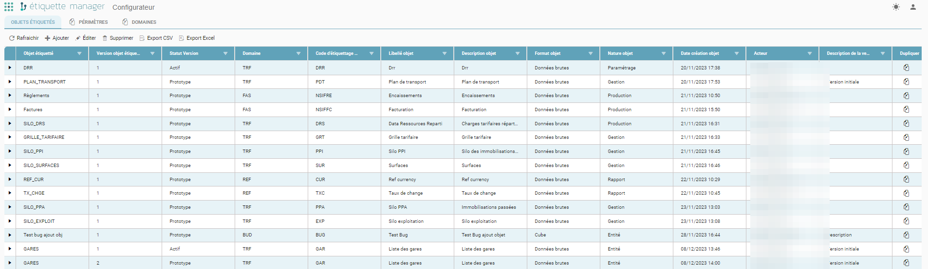 Configurateur Etiquettes Manager, onglet Objets étiquetés : liste des objets avec leur version, statut, domaine, code d'étiquetage, libellé, description, format, nature, date de création et acteur