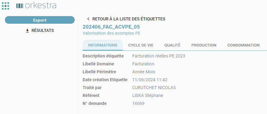 Onglet Informations d'une étiquette avec sa description, son domaine, son périmètre et son référent