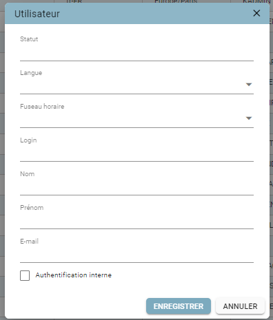 Pop-up de création d'un utilisateur vide, avec les champs Statut, Langue, Fuseau horaire, Login, Nom, Prénom, E-mail et la case Authentification interne