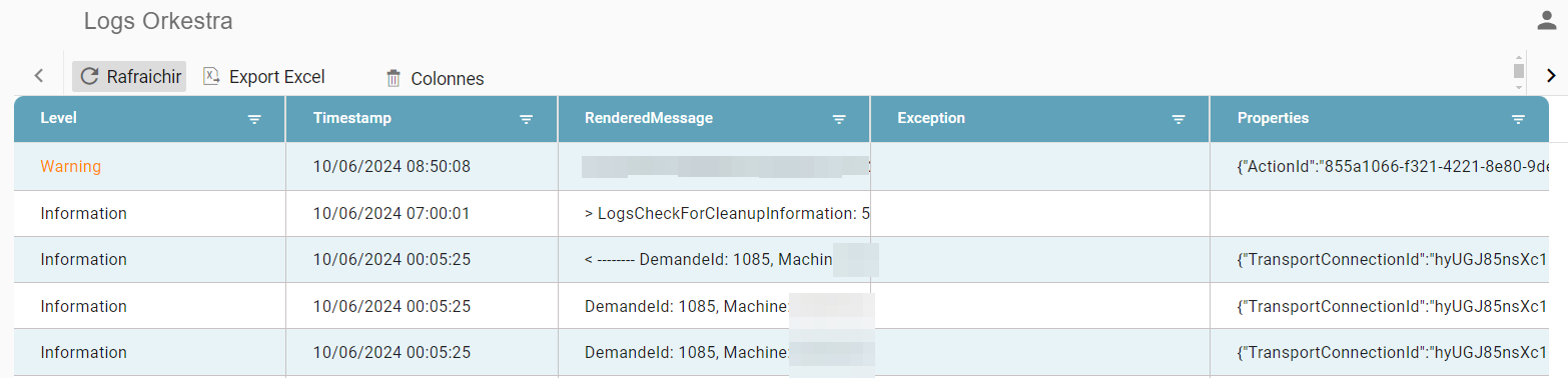 Écran Logs Orkestra affichant les colonnes Level, Timestamp, RenderedMessage, Exception et Properties