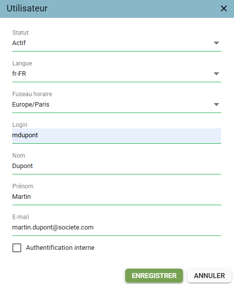Pop-up de création d'un utilisateur avec les champs renseignés, la case Authentification interne non cochée (cas LDAP)