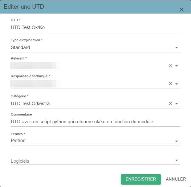 Pop-up « Editer une UTD », avec les champs pré-remplis