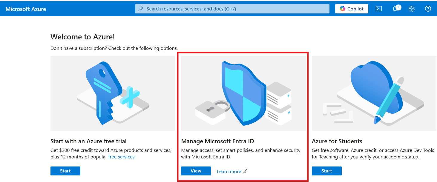 Page d'accueil du portail Azure : bouton View de la carte Manage Microsoft Entra ID