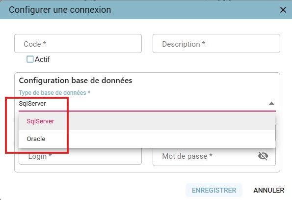 Fenêtre « Configurer une connexion » avec le menu déroulant Type de base de données ouvert, proposant SqlServer et Oracle