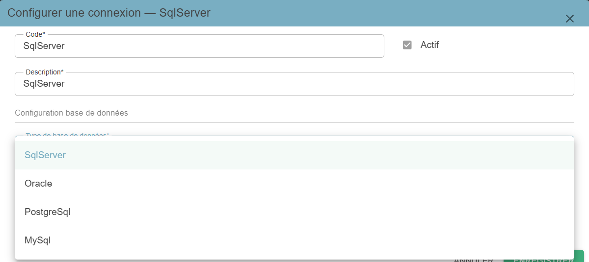 Fenêtre « Configurer une connexion » avec le menu déroulant Type de base de données ouvert, proposant SqlServer, Oracle, PostgreSql et MySql