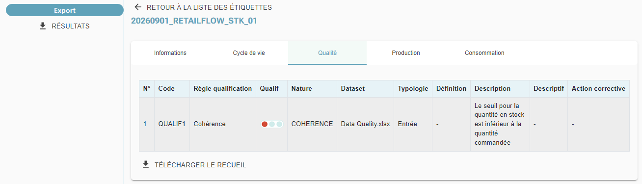 Onglet Qualité d'une étiquette listant les contrôles associés à la demande de production