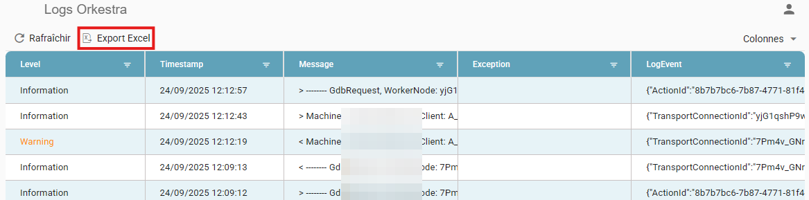 Bouton Export Excel mis en évidence dans l'écran Logs Orkestra