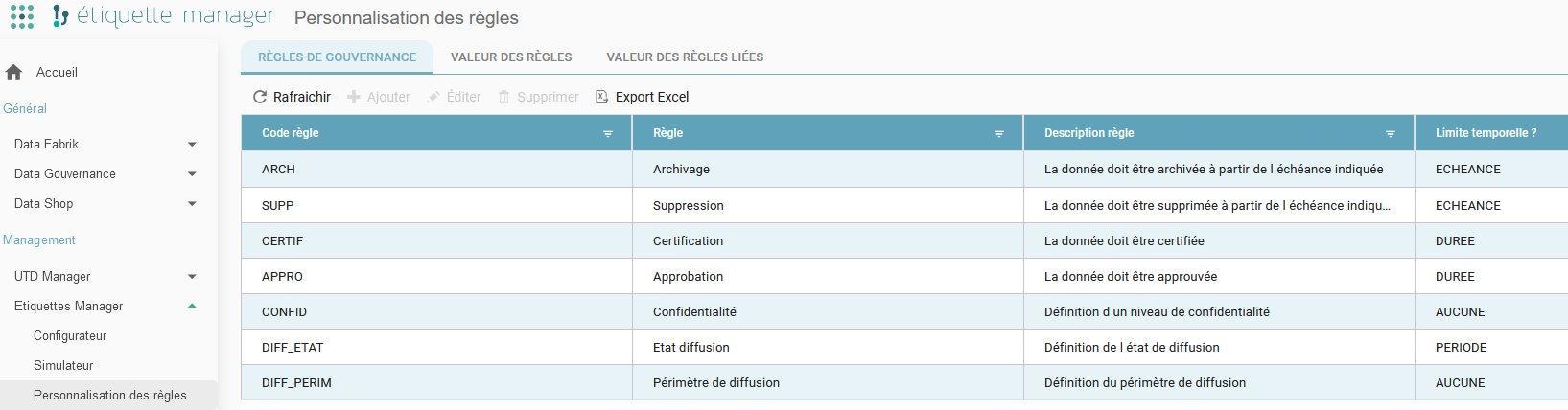 Écran Étiquette Manager > Personnalisation des règles > Règles de gouvernance, listant les règles disponibles avec leur code, leur libellé, leur description et leur limite temporelle