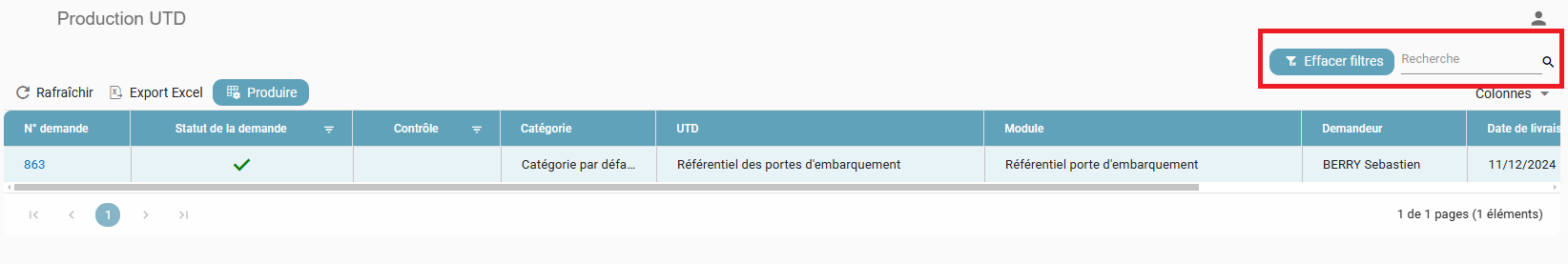Boutons Effacer filtres et barre de Recherche en haut à droite de l'écran Production UTD