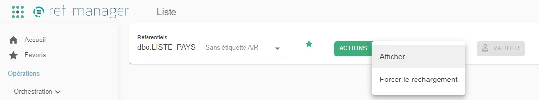 Menu Actions du référentiel avec les options Afficher et Forcer le rechargement