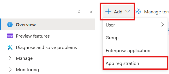 Menu Add de la page Overview de Microsoft Entra ID, avec l'entrée App registration