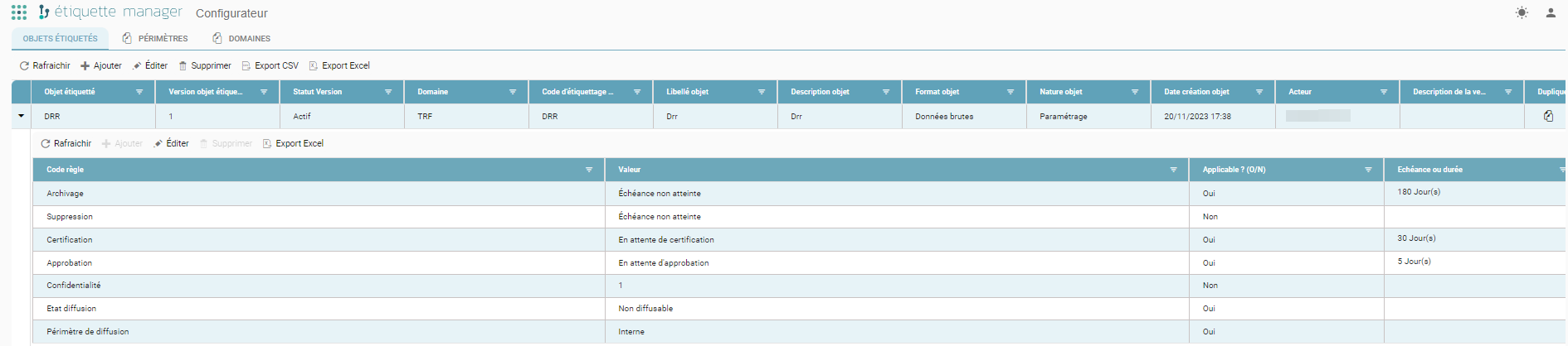Onglet Objets étiquetés avec un objet déplié affichant ses règles de gouvernance (Archivage, Suppression, Certification, Approbation, Confidentialité, Etat diffusion, Périmètre de diffusion), leur valeur, leur applicabilité (O/N) et leur échéance ou durée