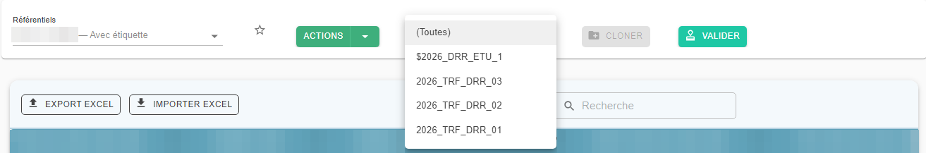 Menu déroulant Étiquettes d'un référentiel avec étiquette, listant (Toutes) puis les étiquettes disponibles, dont un clone préfixé par $