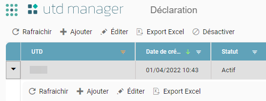 Tableau des UTD avec une UTD déployée, et la barre d'actions des versions (Rafraichir, Ajouter, Éditer, Export Excel)