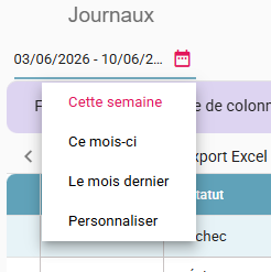 Sélecteur de période avec les options Cette semaine, Ce mois-ci, Le mois dernier, Personnaliser