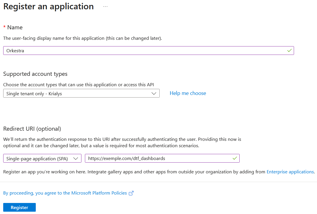 Formulaire Register an application : nom, type de comptes Single tenant only et adresse de redirection de type Single-page application