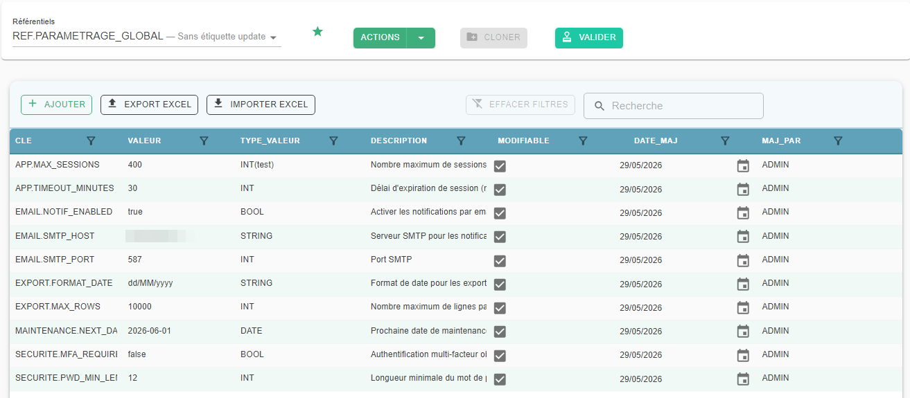 Grille d'un référentiel sans étiquette update affichée après sélection, avec les boutons Ajouter, Export Excel et Importer Excel