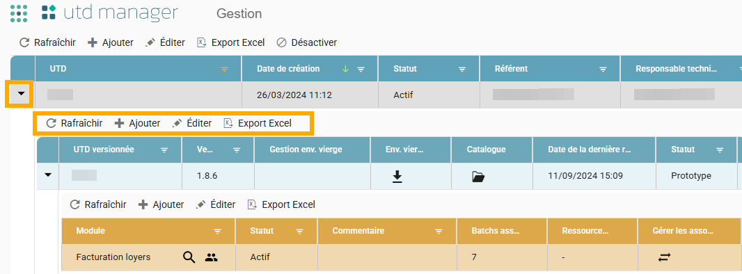 Tableau des UTD avec la ligne d'une version d'UTD déployée, affichant la datagrid des versions et sa barre d'actions