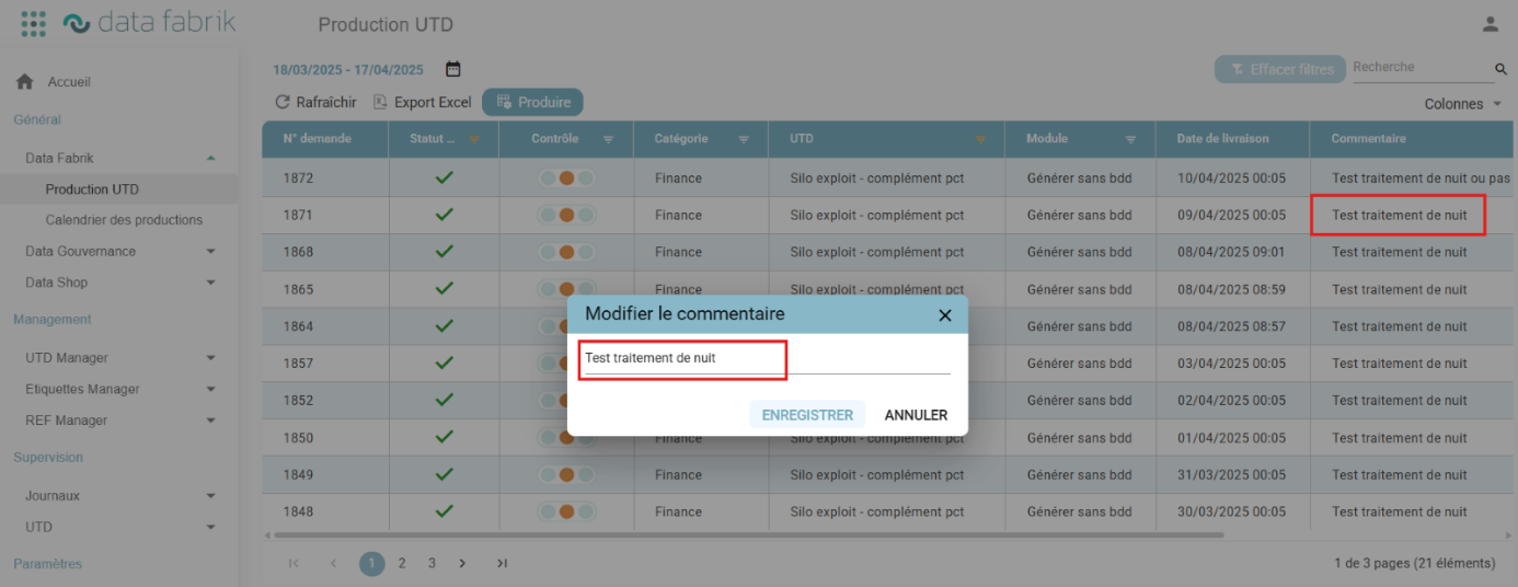 Popup Modifier le commentaire ouverte depuis la colonne Commentaire de la grille