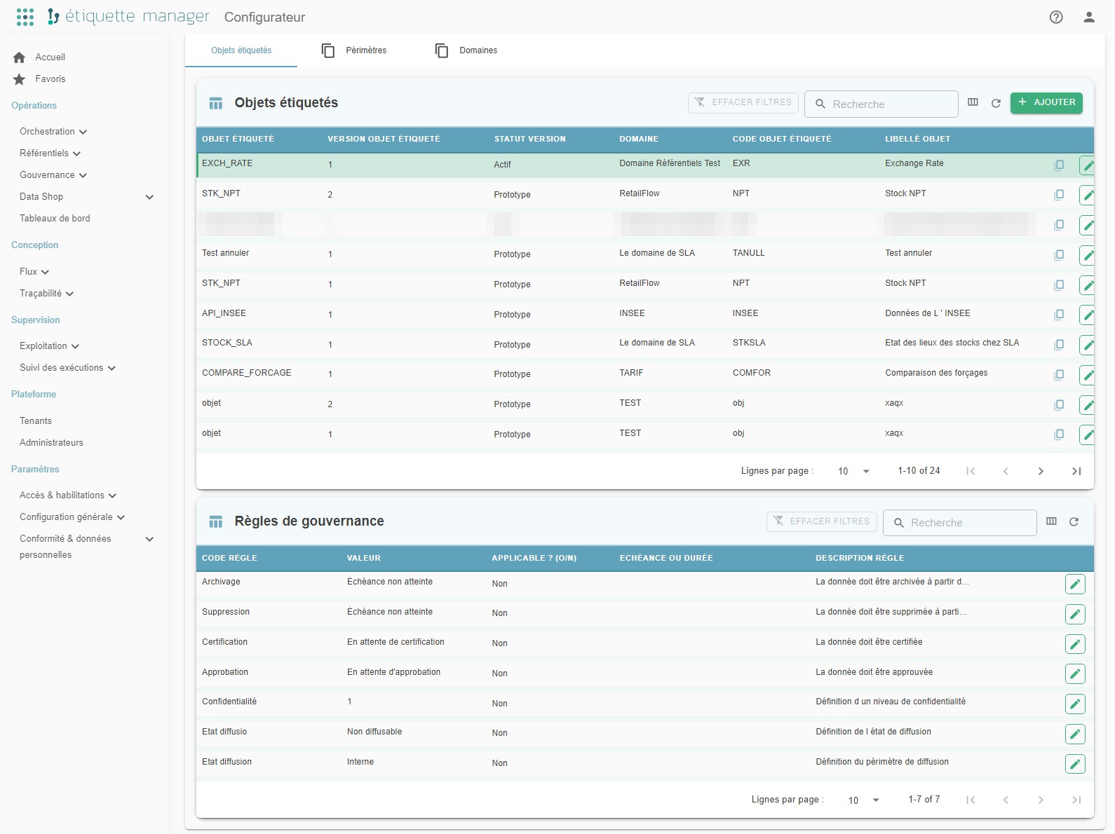 Écran Configurateur > Objets étiquetés, avec le choix de l'objet étiqueté et le tableau des règles applicables (code règle, valeur, applicable, échéance ou durée)