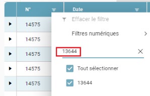 Filtre de recherche sur la colonne N° permettant de rechercher un ID de production