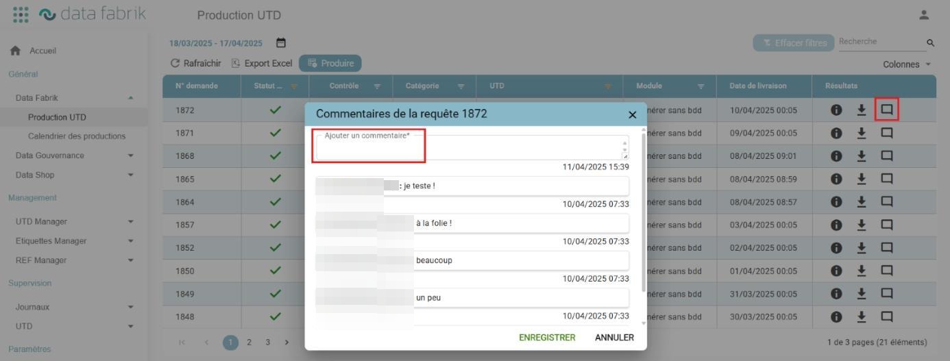 Popup listant l'historique des commentaires d'une demande, avec auteur et date de création pour chaque commentaire