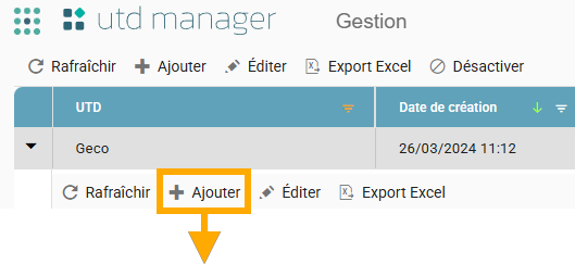 Bouton Ajouter mis en évidence dans la barre d'actions des versions d'UTD