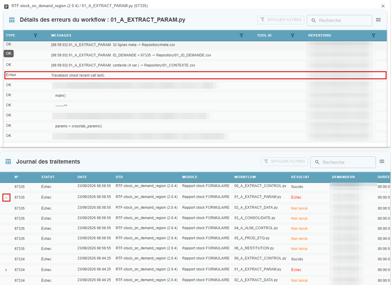 Détails des erreurs d'un workflow en échec affichés au-dessus de la grille, avec la flèche de la ligne développée et la ligne d'erreur mises en évidence