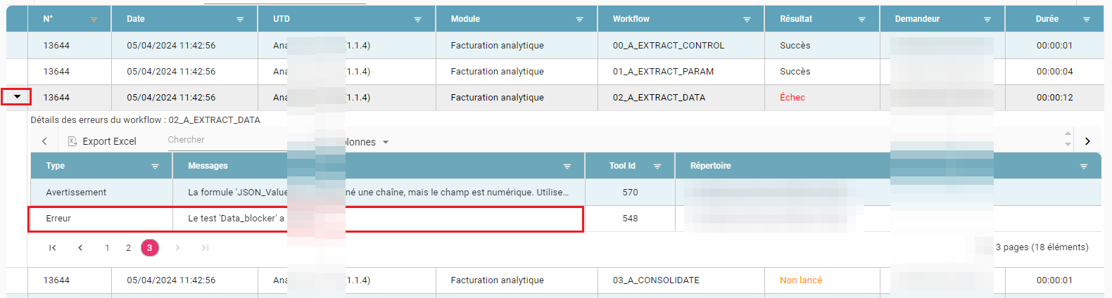 Détails des erreurs d'un workflow en échec, avec la flèche pour développer et le message d'erreur mis en évidence