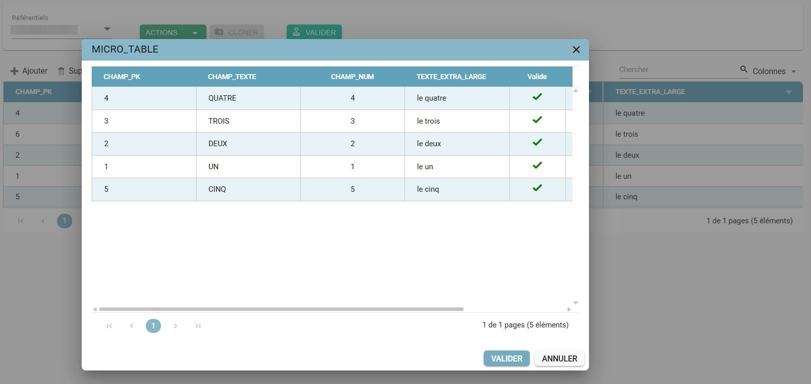 Fenêtre de rapport de validation d'un import Excel avec, pour chaque ligne, une coche verte indiquant que les données sont valides
